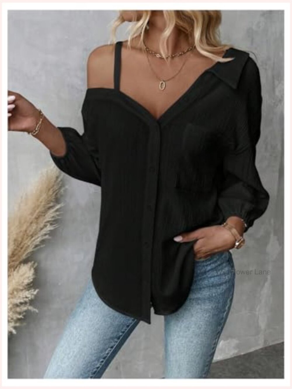 Off Shoulder Long Sleeve Button Down Linen Blouse Top - Picture 3 of 5